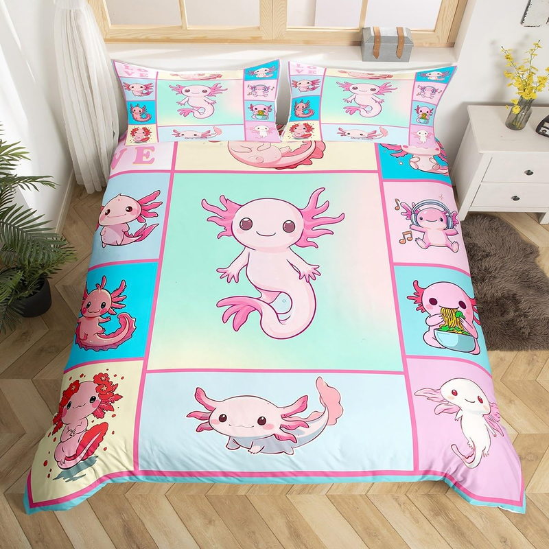 Set copripiumino Axolotl carino per lettino per bambini, bambine e adolescenti, set di biancheria da letto con animali Axolotl rosa, copripiumino con salamandra e motivo kawaii._voghion.com