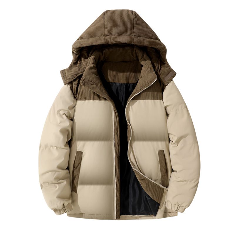 Unisex Color-Block Corduroy Puffer Jacket – Stand Collar Hooded Winter Coat (XS-2XL, Black/Khaki/Green)_voghion.com