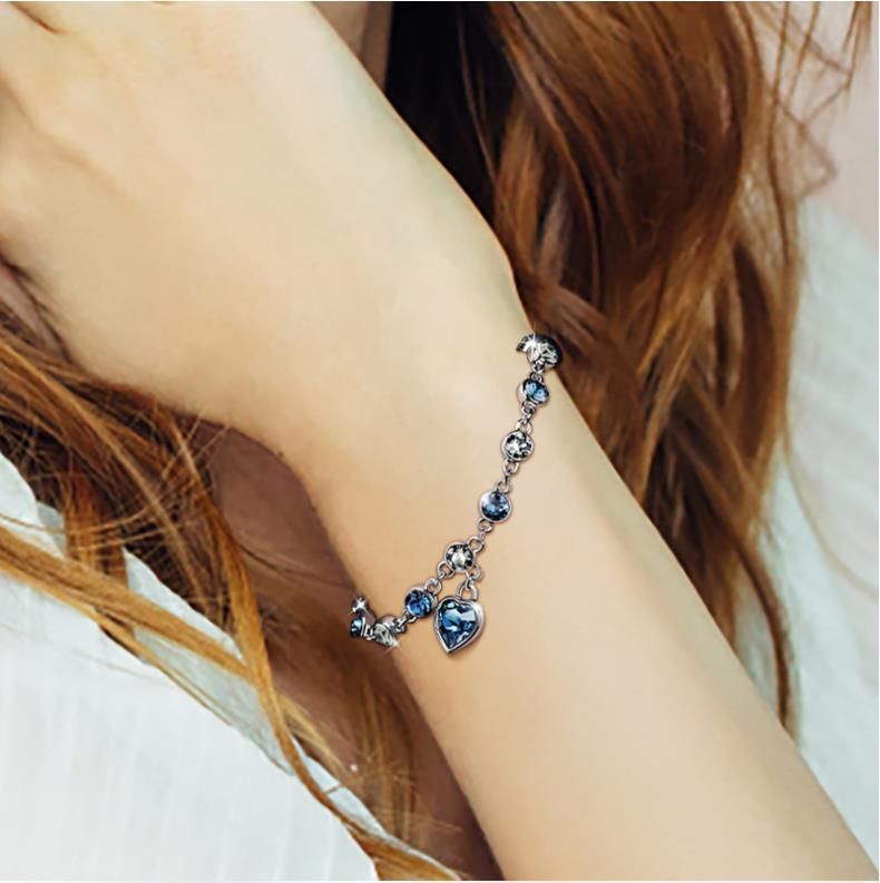 Hot Sales!!18K Platinum Plated Fashion Roman Style Heart Of The Sea Love Gifts Austrian Crystal Women Peach Blossom Charm Bracelets Jewelry For Women_voghion.com