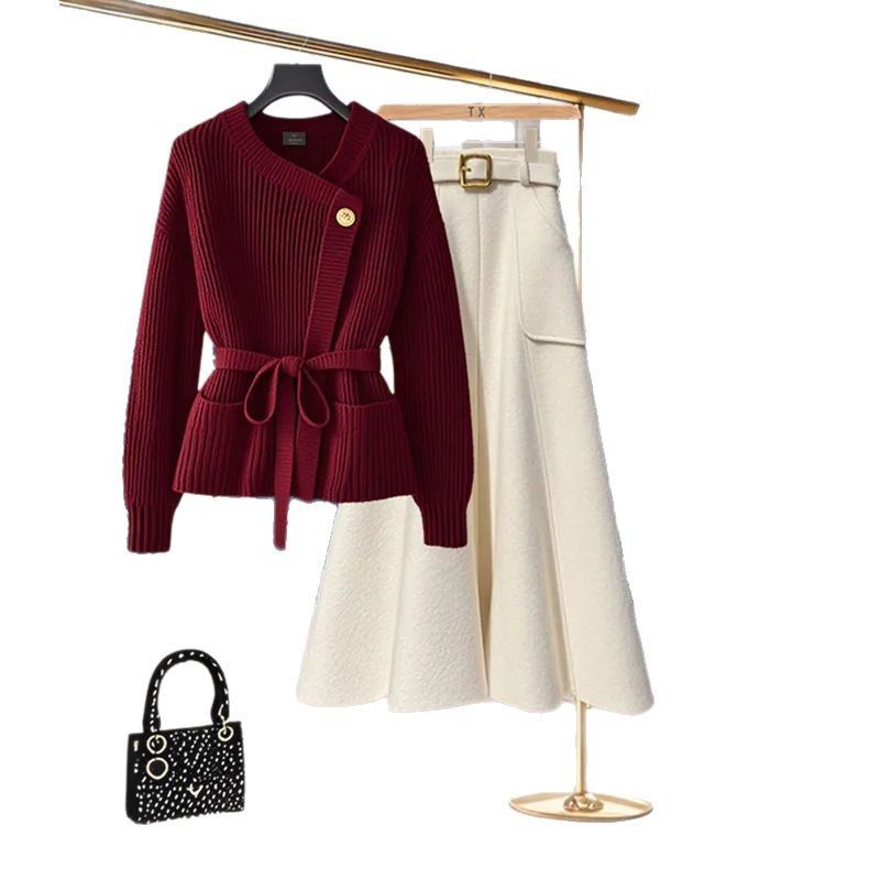 Dameskleding Trui met hoge taille Elegante herfst-winter gebreide trui met hoge taille Flatterende rokset - Rood & beige, Plus-maatopties_voghion.com