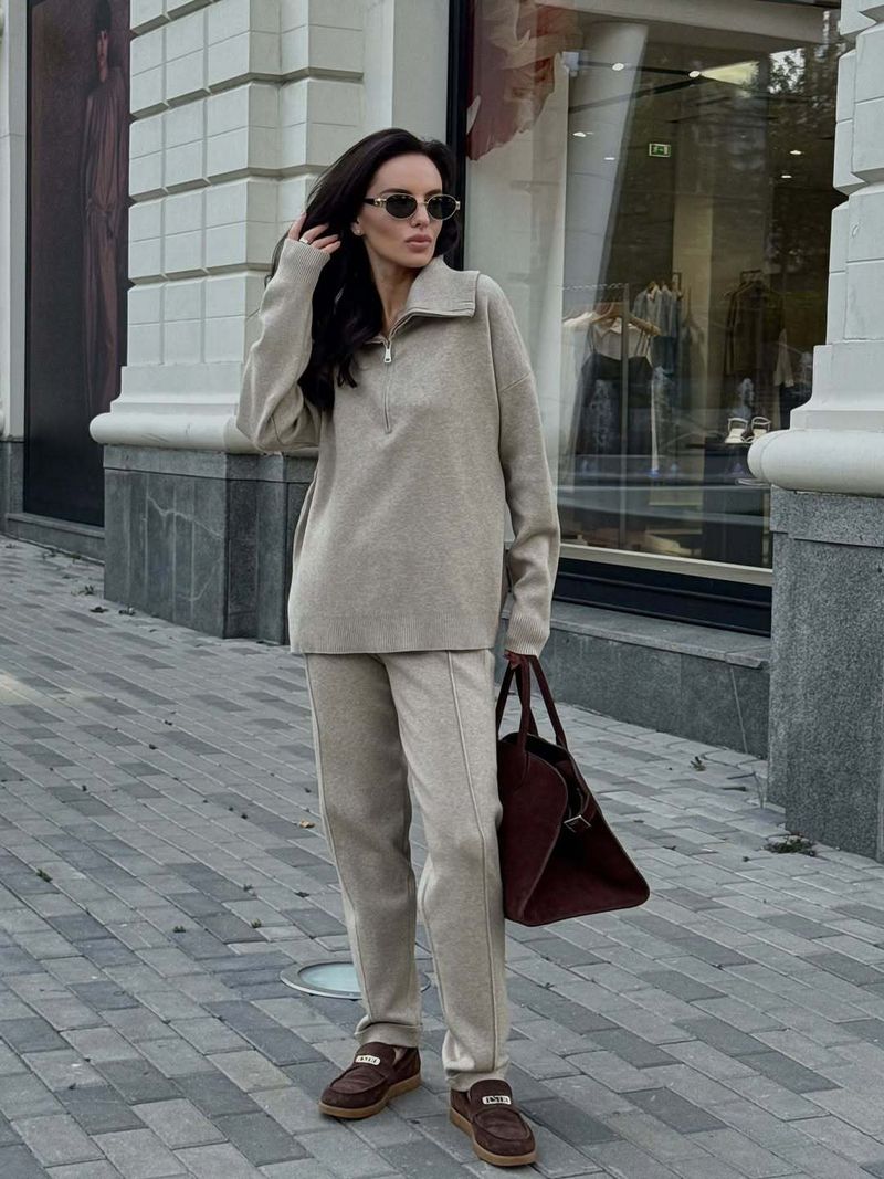 Women's Half-Zip Mock Neck Sweater & Pants Set - Soft Knit Casual Lounge Outfit In Khaki (S/M/L)_voghion.com