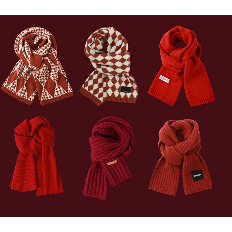 Red Christmas Knitted Scarf For Women Winter Korean Version Versatile Plaid New Year Thickened Warm Student Trendy_voghion.com