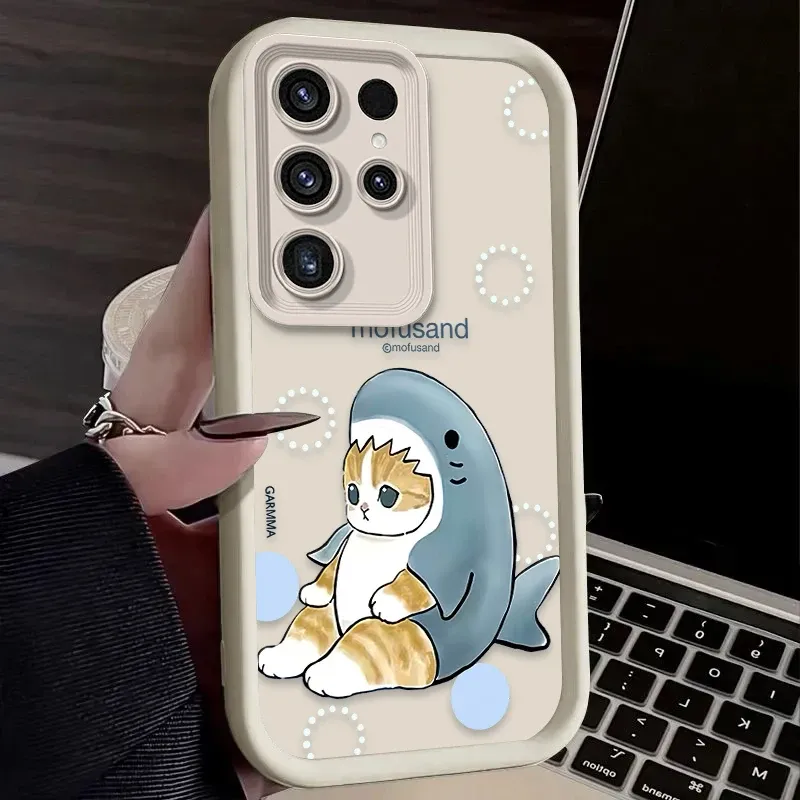 Funda mate divertida con diseño de tiburón y gato de Mofusand para Samsung Galaxy S25, S24, S23 Ultra, S22, S21 Plus FE 5G, A54, A34, A14, A73, A53, A33, 5G, suave_voghion.com