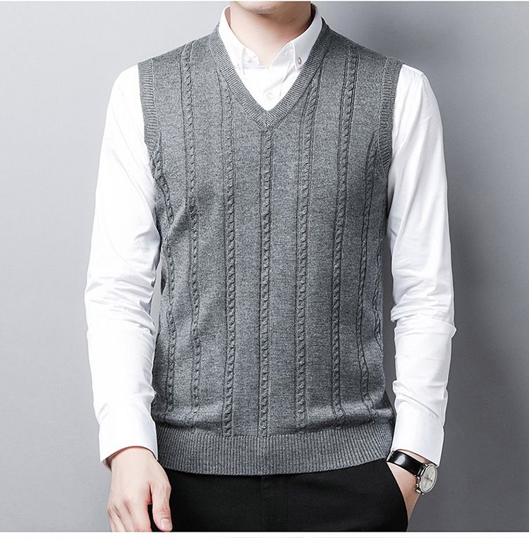 Herren Herbst und Winter Neue Strickweste mit V-Ausschnitt Lässiger Pullover Einfarbig Ärmellos Verdrehte Pulloverweste Unterhemd_voghion.com