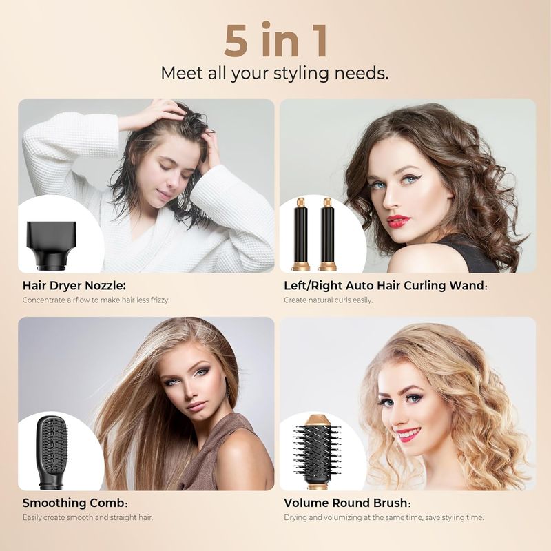 Airstyler & Set 5 in 1 Hairstyler Föhn Luftautomatik Heißluft Rund Lockenstab Glättbürste Stylingbürsten_voghion.com
