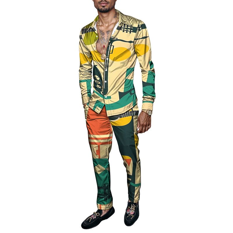 2025 Spring Summer Men Shirt Set Geometry Print Fashion Abstract Two Piece Set Mens Cat Lightweight Party Long Sleeves Suit Casu_voghion.com