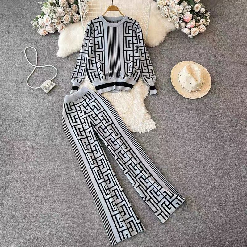Pull jacquard à manches longues et col rond pour femme, haut et pantalon à jambes larges, ensemble tricoté deux pièces_voghion.com