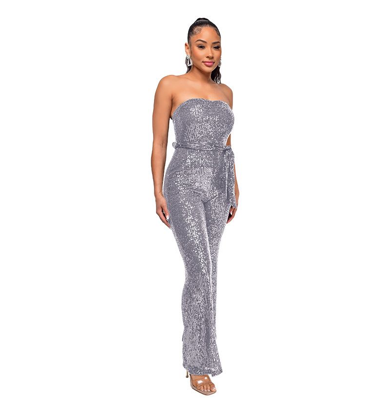 Dametøj Ærmeløs pailletterbæltejumpsuit ensfarvet tubetop rygløs jumpsuit_voghion.com