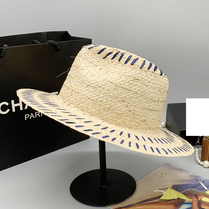 Spring and summer flat top embroidered sunshade large eaves handsome autumn and winter raffia top hat_voghion.com