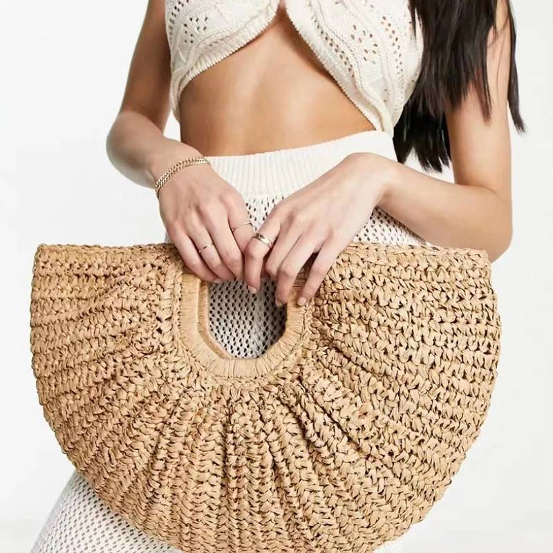 Borsa tote shopper di grande capacità in rattan della Boemia Borsa da donna in vimini intrecciata firmata Moon Borsa a tracolla in paglia da spiaggia estiva_voghion.com