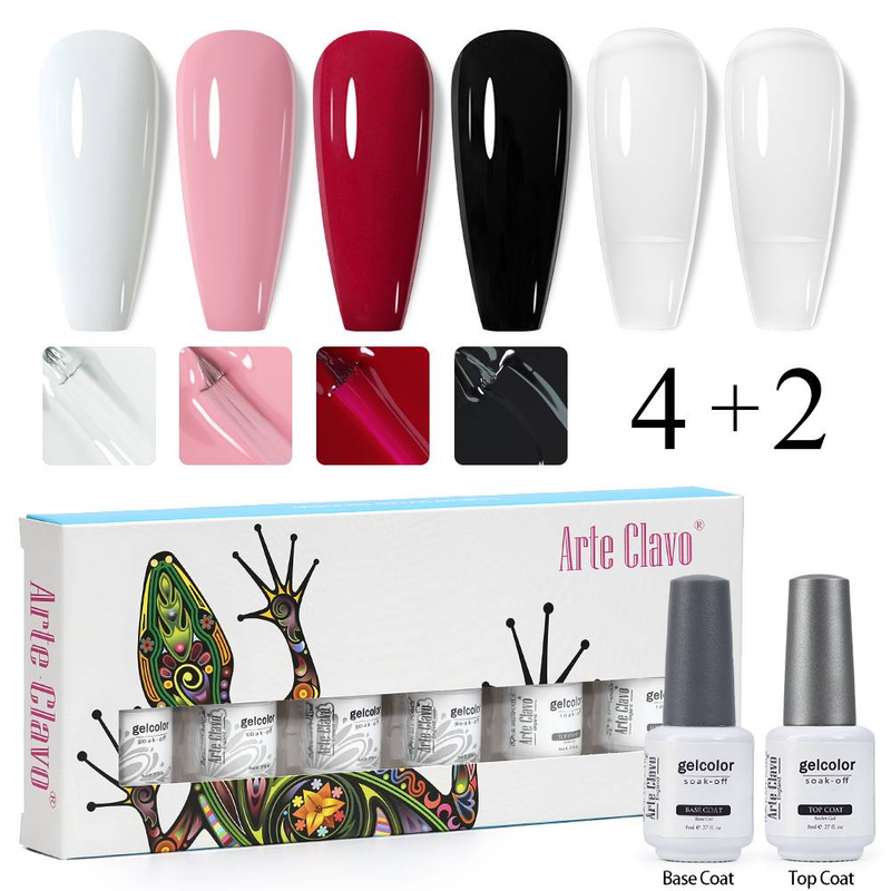 Arte Clavo 6-teiliges Gel-Nagellack-Set, semipermanentes Hybrid-Gel-Lack-Set, Basis- und Decklack, Soak-Off-UV-LED-Nagelgel-Kits, 8 ml_voghion.com