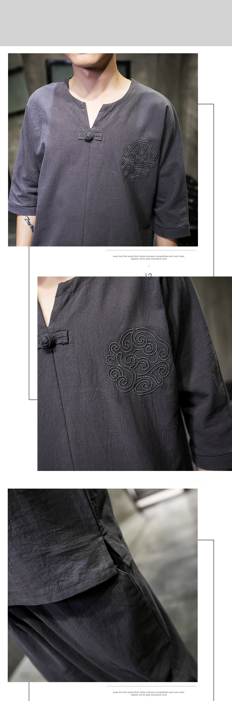 Men's Clothing Men's Cotton And Linen Embroidery Buttoned Large Size Cropped Pants Short Sleeved Suit Summer Linen Set_voghion.com