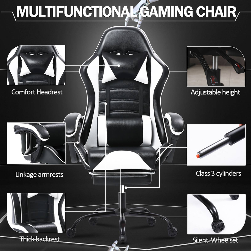 Ergonomischer Gaming-Stuhl mit Fußstütze und verstellbarer Lordosen-/Nackenstütze, Schwarz-Weiß, 136 kg belastbar, 155° Neigung, 360° drehbarer Bürostuhl_voghion.com