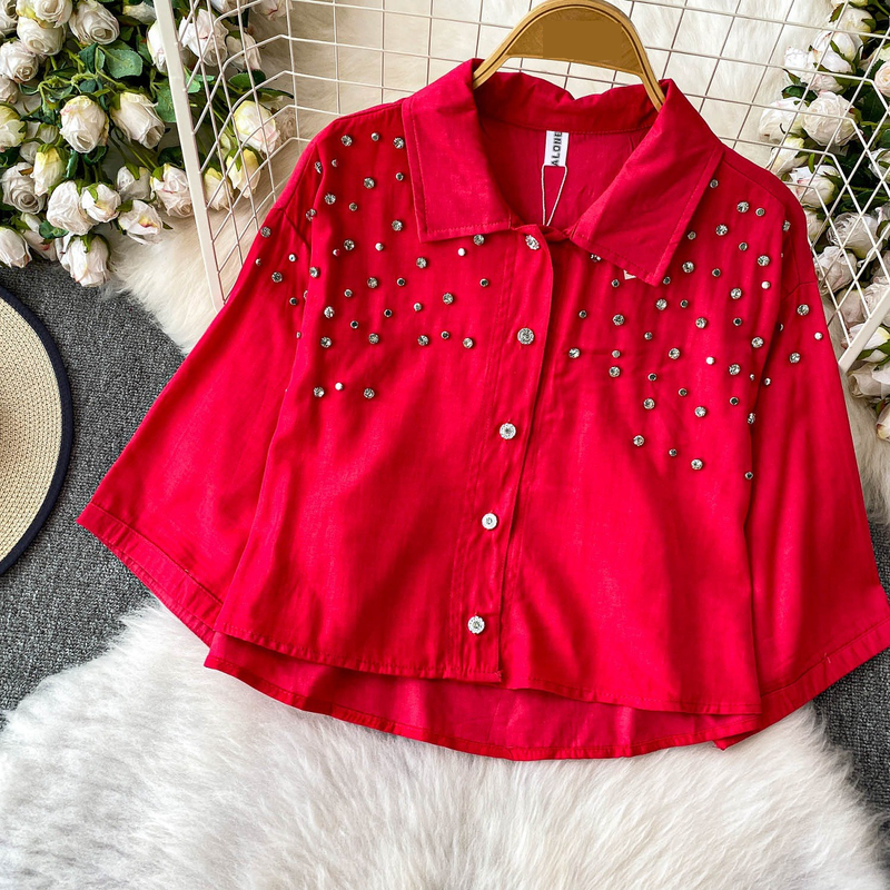 Luxe blouse met versieringen voor dames, statement revers, top met halflange mouwen, 8 levendige kleuren (zwart/groen/rood/meer) voor op kantoor en een avondje uit_voghion.com