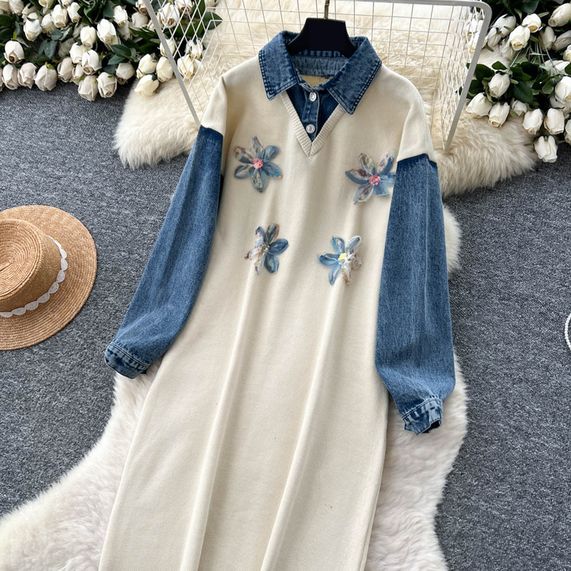 Elegant Boho Floral Embroidered Denim Knit Dress - Oversized A-Line Tunic With High Waist & Long Sleeves For Women_voghion.com