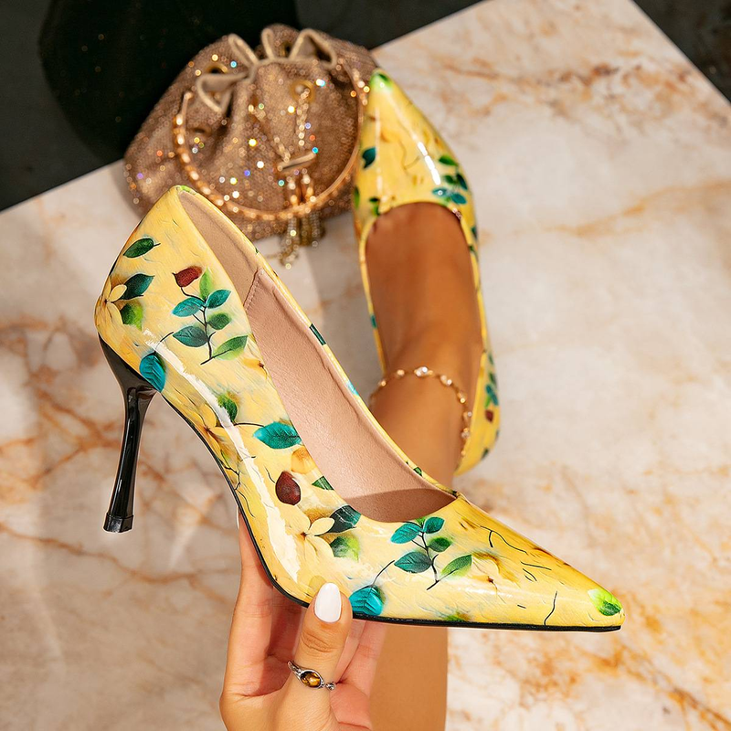 Damen High Heels Damen Modische Gelb Bedruckte Einfache Spitze Stiletto High Heels Einzelne Schuhe Damen_voghion.com