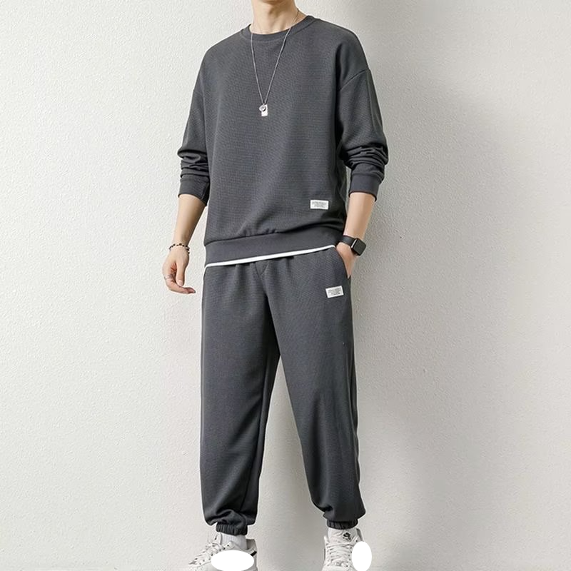 Spor Giyim Günlük Spor Sweatshirt Takım Elbise Erkek Sonbahar ve Kış Yeni Stil Bol Waffle Yuvarlak Yaka Sweatshirt_voghion.com