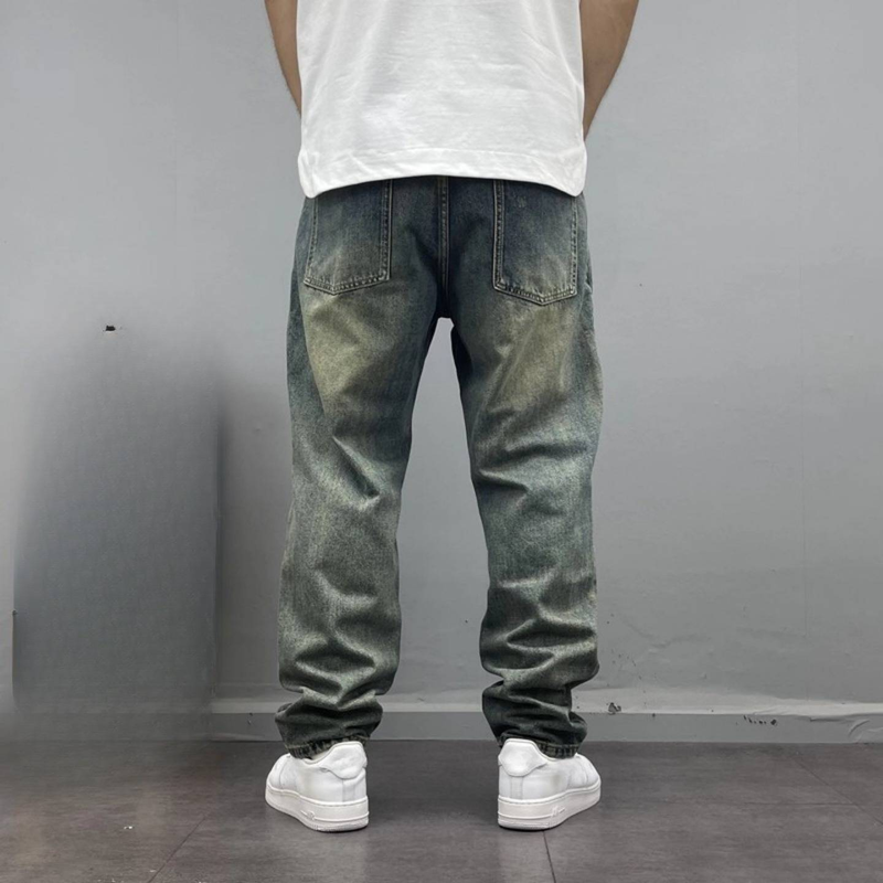 Vintage Washed Distressed Jeans für Herren – Relaxed Tapered Fit mit Patchwork und offenem Saum (Blau, 28-36)_voghion.com