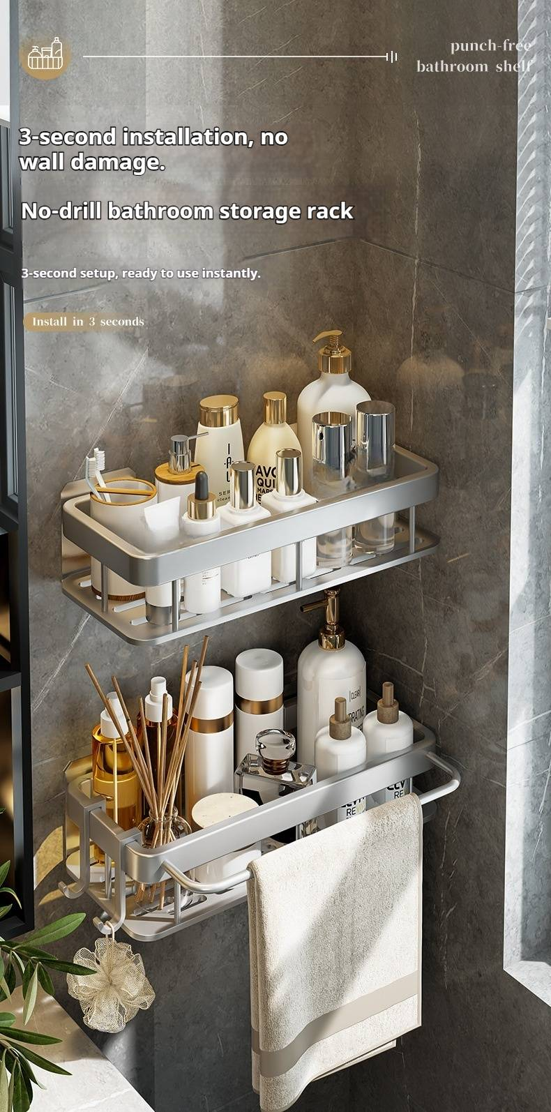 Półka prysznicowa bez wiercenia – nierdzewny aluminiowy organizer łazienkowy (montaż na ścianie, 3-poziomowa półka na szampon, mydło i maszynki do golenia, konstrukcja oszczędzająca miejsce)_voghion.com
