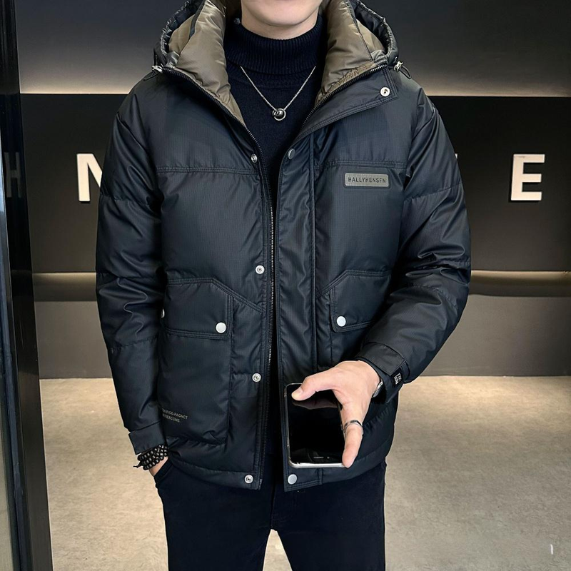 Herrenbekleidung Leichte Daunenjacke mit Kapuze für Herren – Wasserabweisender und winddichter Wintermantel für Freizeit- und Businesskleidung (Schwarz, Hellbraun)_voghion.com