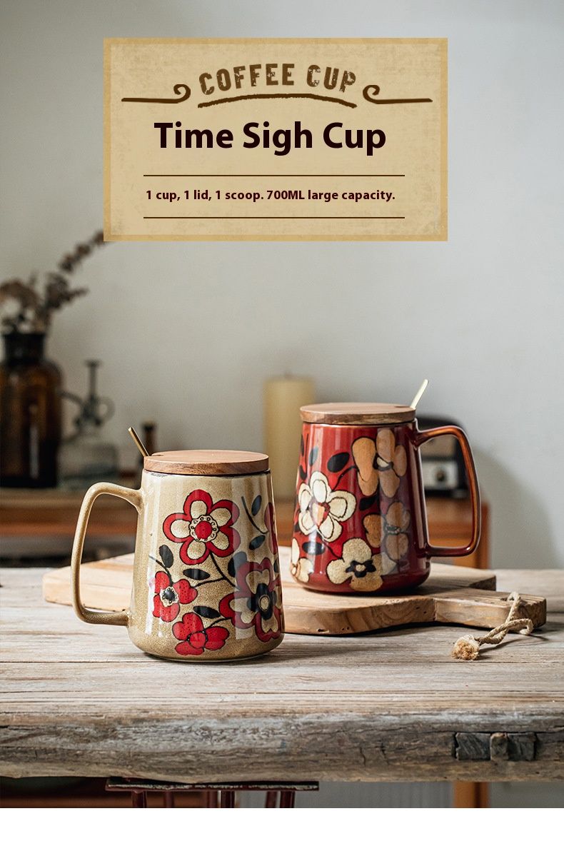 Time Sigh Tapered Ceramic Mug – 700ml Chinese-Inspired Cup (Khaki/Red, With Lid & Spoon, Gift Box Option)_voghion.com
