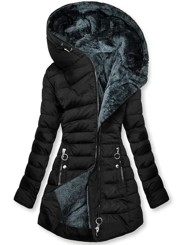 Cappotto invernale da donna con cappuccio, manica lunga, vestibilità attillata, caldo e collo in pelliccia, cerniera MG502_voghion.com
