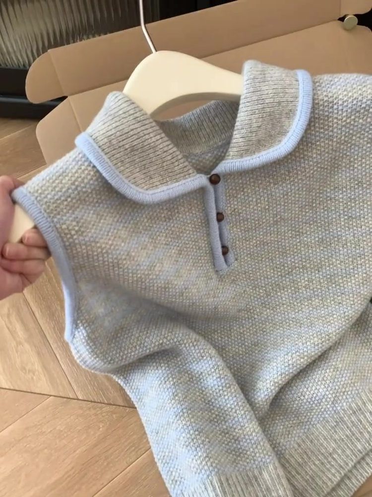 Kadın Giyim Çizgili Polo Yaka Yelek Örme Kolsuz Atlet İç Giyim Dış Giyim Katmanlı Moda Şık Sonbahar_voghion.com