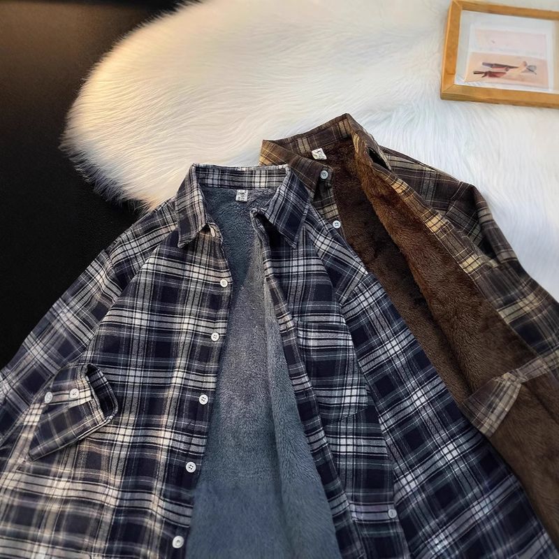Giacca in velluto retrò a maniche lunghe per autunno e inverno da uomo, camicia a quadri casual spessa e ampia_voghion.com