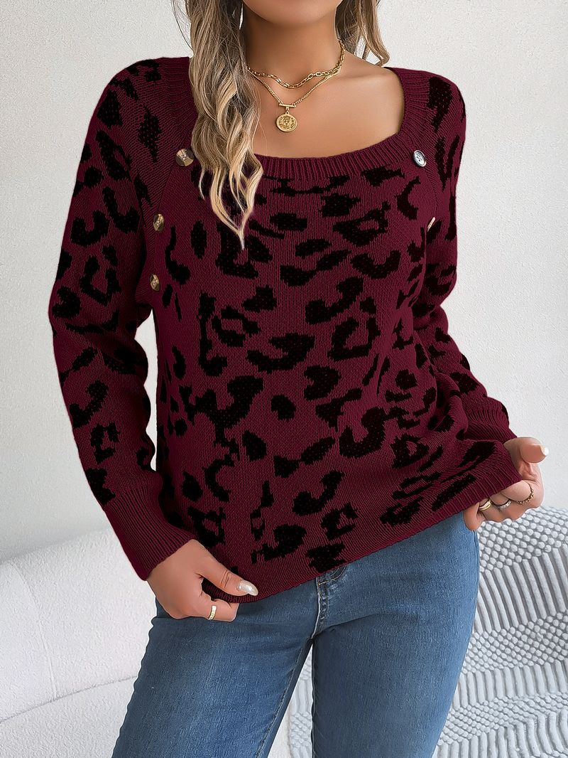 Maglione a maniche lunghe con stampa leopardata, a contrasto, con scollo quadrato, bottoni, casual, autunno e inverno 2024, abbigliamento da donna_voghion.com