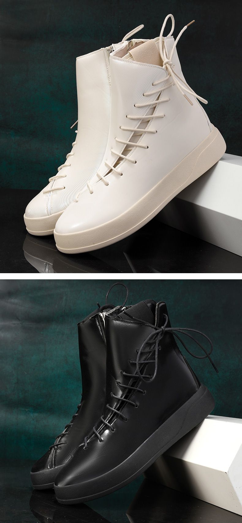 Autumn/winter New Men's Board Shoes 2024 European Station Large Martin Boots Strap Bright High Top Leather Boots Thick Bottom Motorcycle Boots_voghion.com