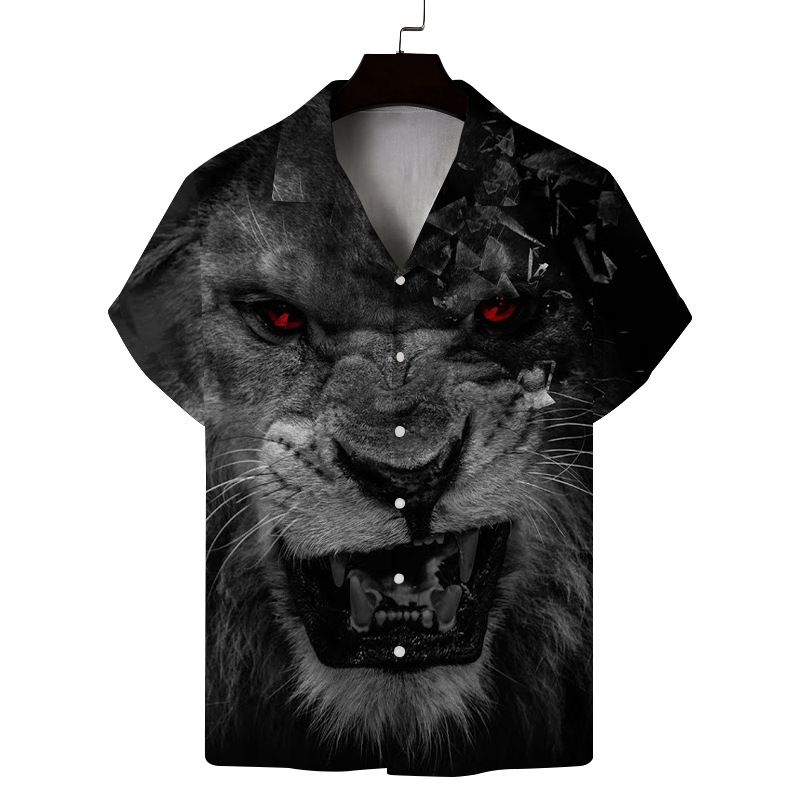Abbigliamento da uomo Camicia casual da uomo con colletto Cuba a maniche corte con stampa 3D Lion_voghion.com