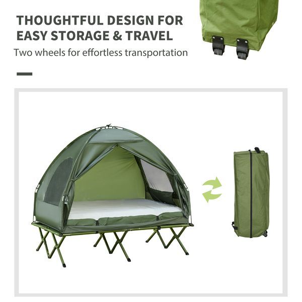 2-Person Foldable Camping Cot, Portable Outdoor W/ Bedspread & Thick Air Mattress, 4-In-1 Elevated Camping Bed Tent For Hiking, Picnic, Green_voghion.com
