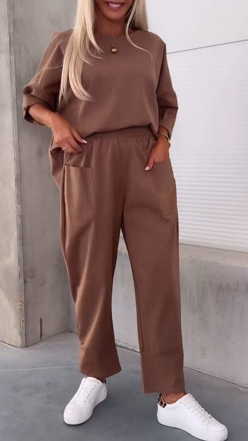 Women Two Piece Set Pants Sets Solid Tops Ankel Length Pant Sport Matching Sets Y2k T-shirt Tracksuit Autumn Spring Pocket Pant_voghion.com