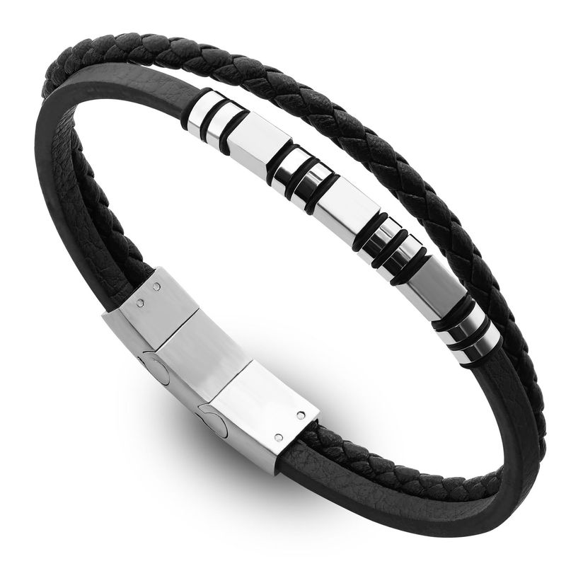 Bracciale commemorativo in pelle con corda rotonda magnetica, fibbia in acciaio inossidabile, anello in silicone a doppio strato da uomo nero_voghion.com