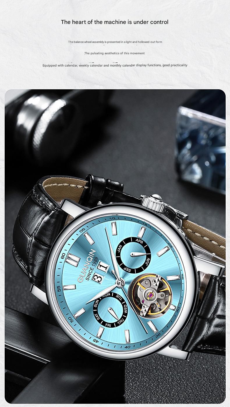 GUANQIN Tourbillon Mechanische Multifunktionale Luxus Herren Armbanduhr Leuchtend Wasserdicht Lederband Automatik Uhr Saphir_voghion.com