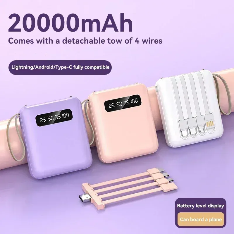 20000mAh Mini Powerbank Ingebouwde 4 Kabels Digitaal Display PowerBank Voor iPhone Huawei Xiaomi Samsung Draagbare Externe_voghion.com