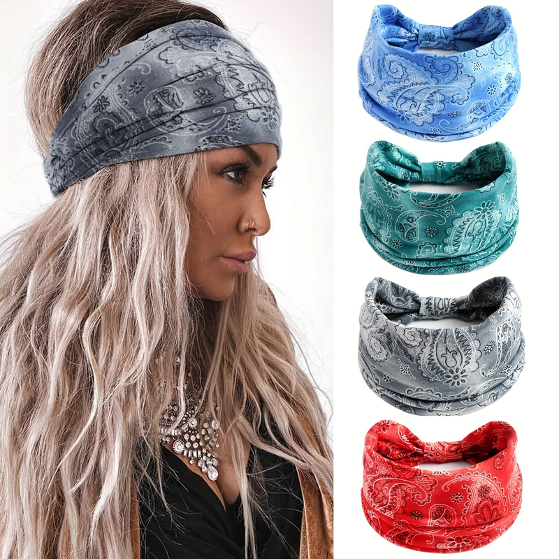 Fascia elastica retrò da 1 pezzo con fascia sportiva per capelli con motivo cachemire stile Boho_voghion.com