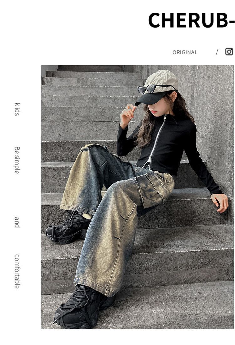 Jeans in denim effetto used per bambini, con tasche multiple, adatti a mamma e bambini - Streetwear comodo, elasticizzato ed elegante (blu, 120-170 cm)_voghion.com