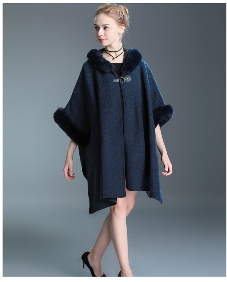 Women's imitation Rex rabbit collar hooded shawl cape large size woolen coat loose cardigan_voghion.com