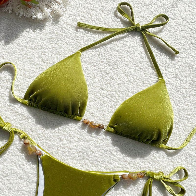 Solid Color Bikini Lace Up Three Point Sexy Beach Hot Spring Swimsuit Bikini_voghion.com