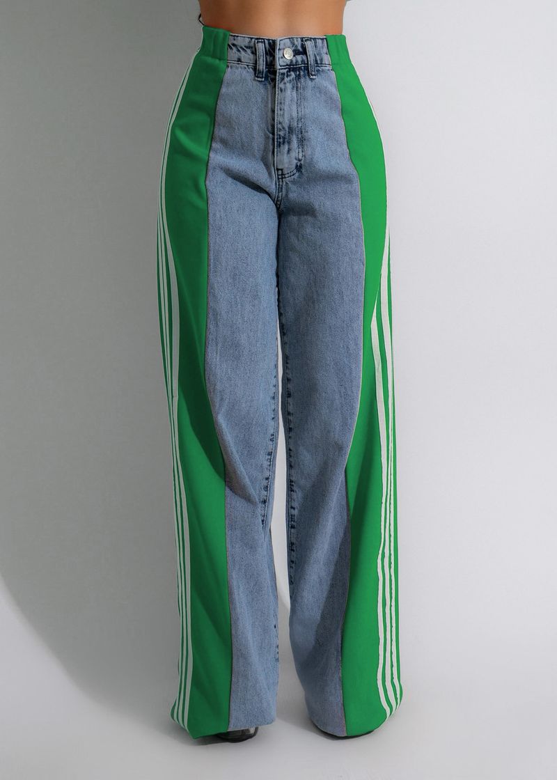 Ropa de mujer Pantalones vaqueros de pierna ancha con tres rayas y empalme de moda de verano Pantalones rectos elásticos de cintura alta informales nuevos para mujer_voghion.com