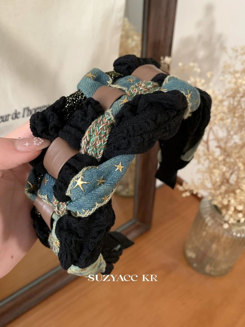 Fascia per capelli con teschio alto e stella in denim intrecciata per donna 2024, nuova fascia per capelli con forcina dal design di nicchia e interno allargato per donna_voghion.com