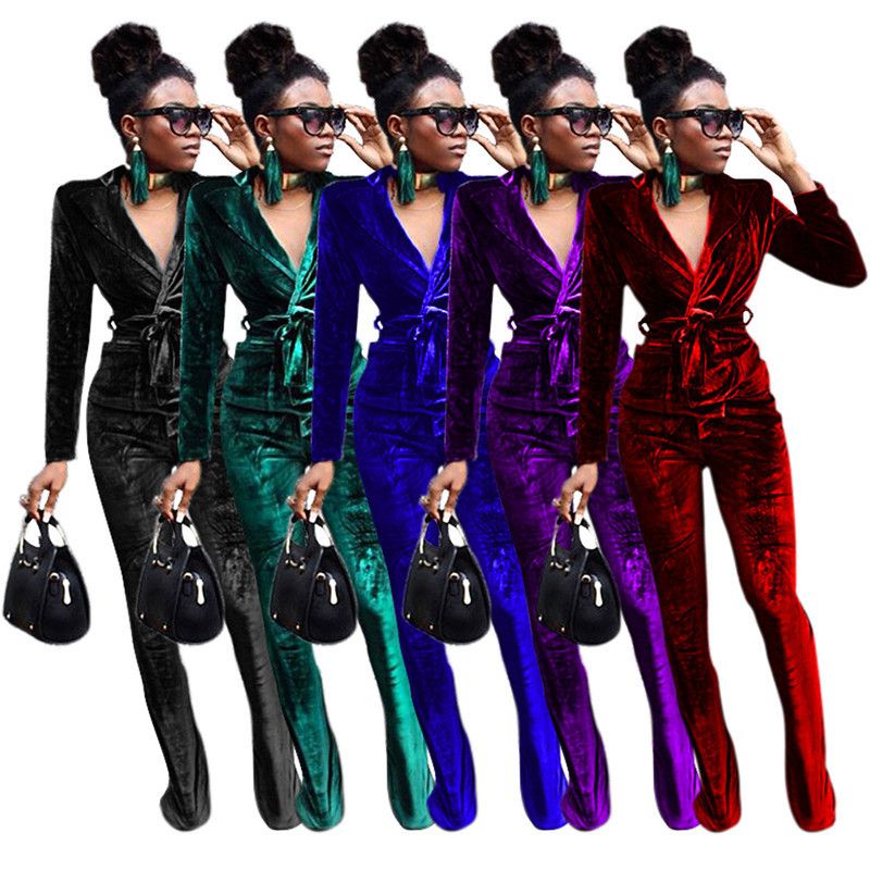 New Women's Solid Color Slim Fit Korean Velvet Blazer Flared Pants Set_voghion.com