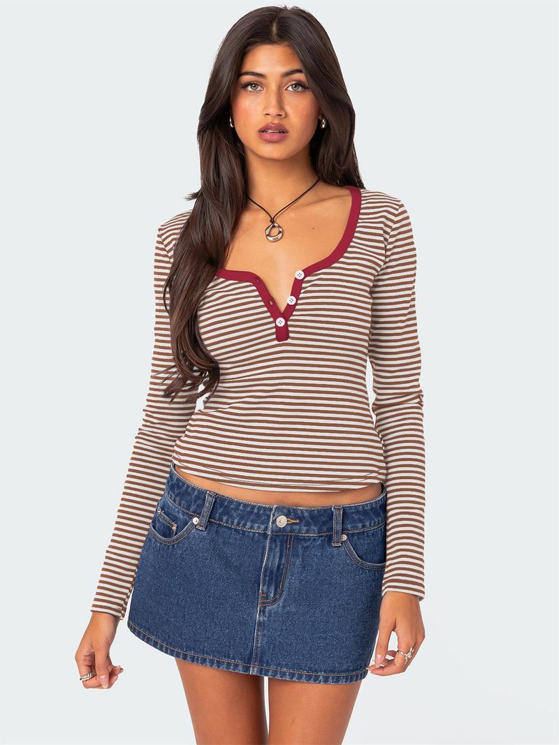 Chemise boutonnée en tricot rayé pour femme, coupe slim en coton avec blocs de couleurs_voghion.com