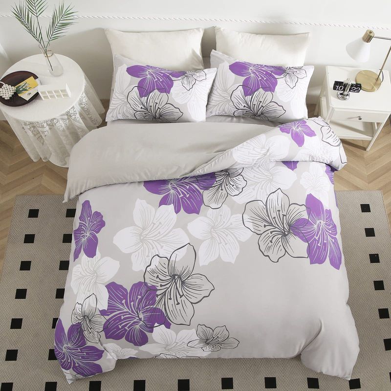 Set di biancheria da letto traspirante con motivo floreale in morbida fibra, tre pezzi, copripiumino e copripiumino._voghion.com