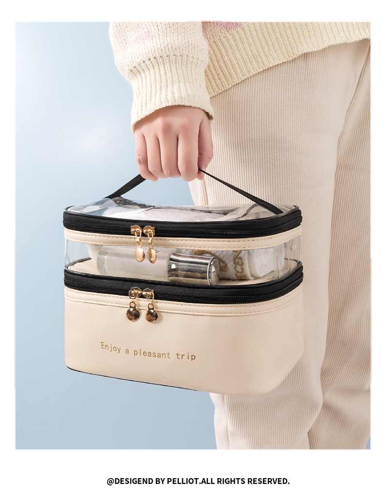 Double Layered Makeup Bag Solid Color PU Transparent Toiletries Handheld INS Fashionable Waterproof Travel Portable Large Capacity Storage Bag_voghion.com