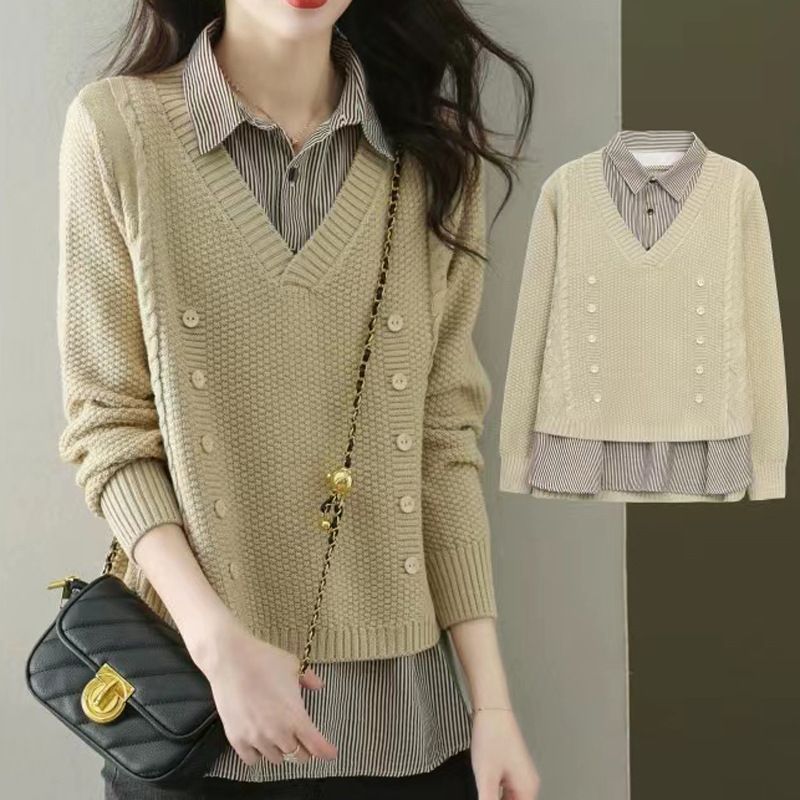 Maglione da donna con colletto impiombato in due pezzi lavorato a maglia per la nuova primavera e autunno 2025, intimo e capispalla_voghion.com