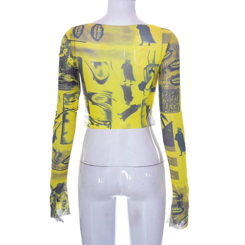 Q21TP458 Jersey estampado de manga larga con cuello redondo de otoño e invierno con abertura lateral umbilical abierta Moda informal_voghion.com