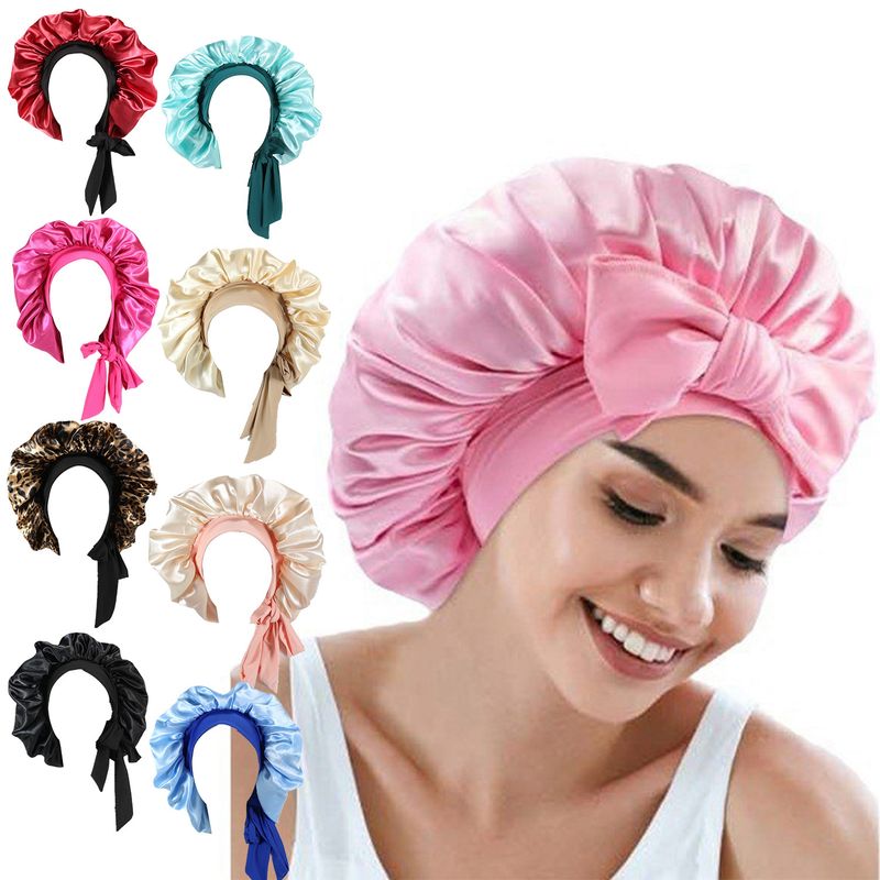 Women's double layer silk sleeping hat double sided wearable satin headscarf hat bow tie pullover hat enlarged_voghion.com