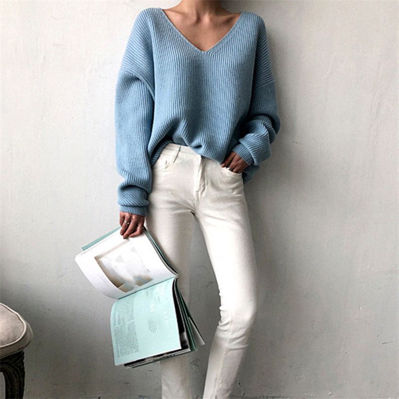 Damenbekleidung 2024 Herbst und Winter V-Ausschnitt Langarm lockerer Lazy-Style Pullover mit einfachem Saum Strickpullover Pullover mit Bodenbildung Damentrend_voghion.com